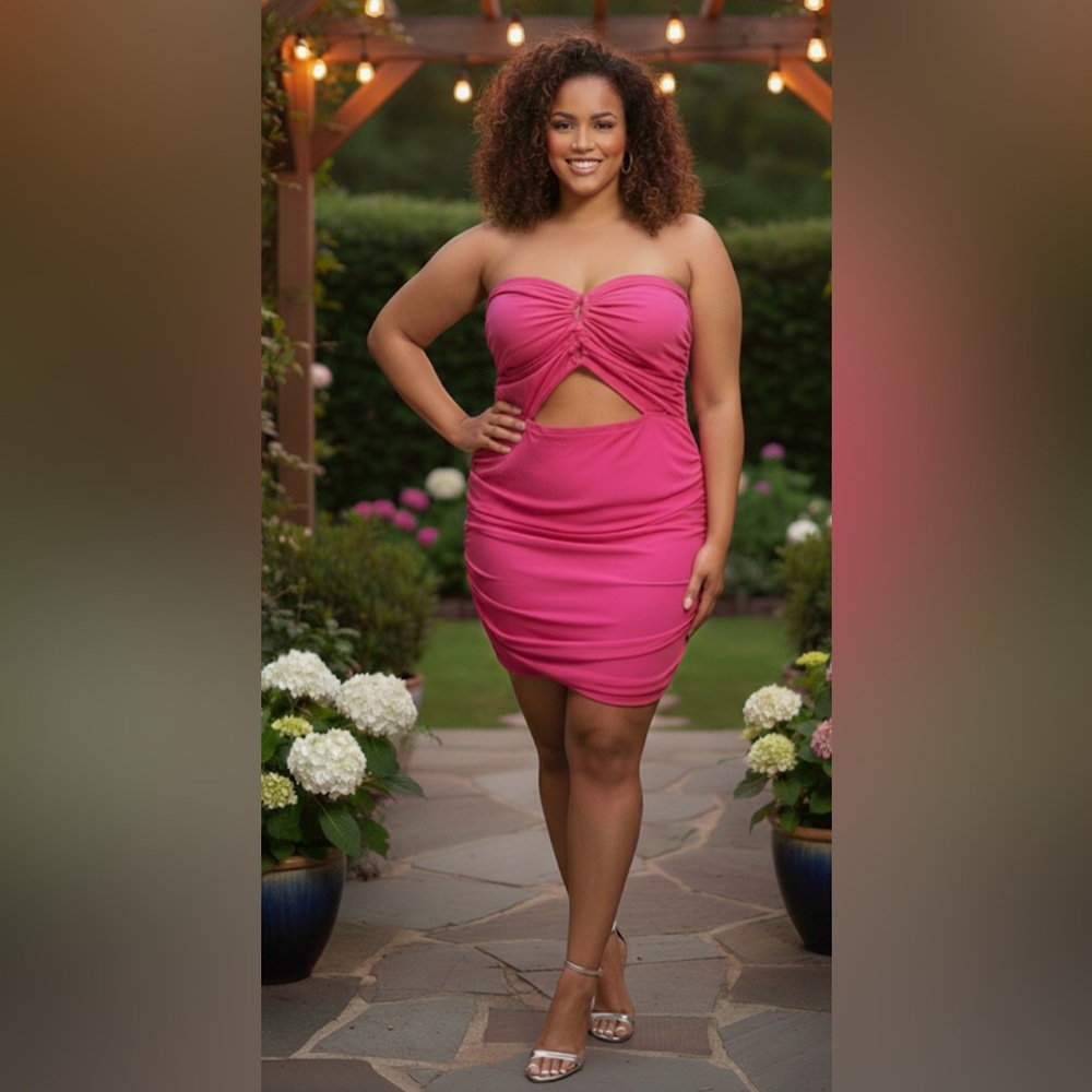 🆕 SHEINSXY -  Hot Pink Strapless Dress with Adjustable Top/Ties & Ruching